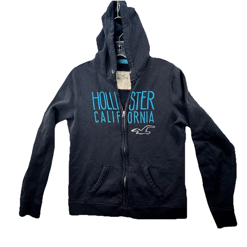 Vintage Y2K Hollister Hoodie Womens L Large Blue Full Zip‎ Spellout Logo Retro